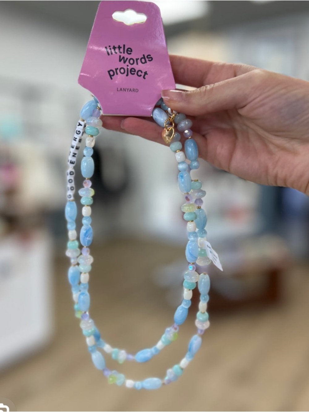 Little Words Project Good Energy Pastel Blue Beaded Lanyard